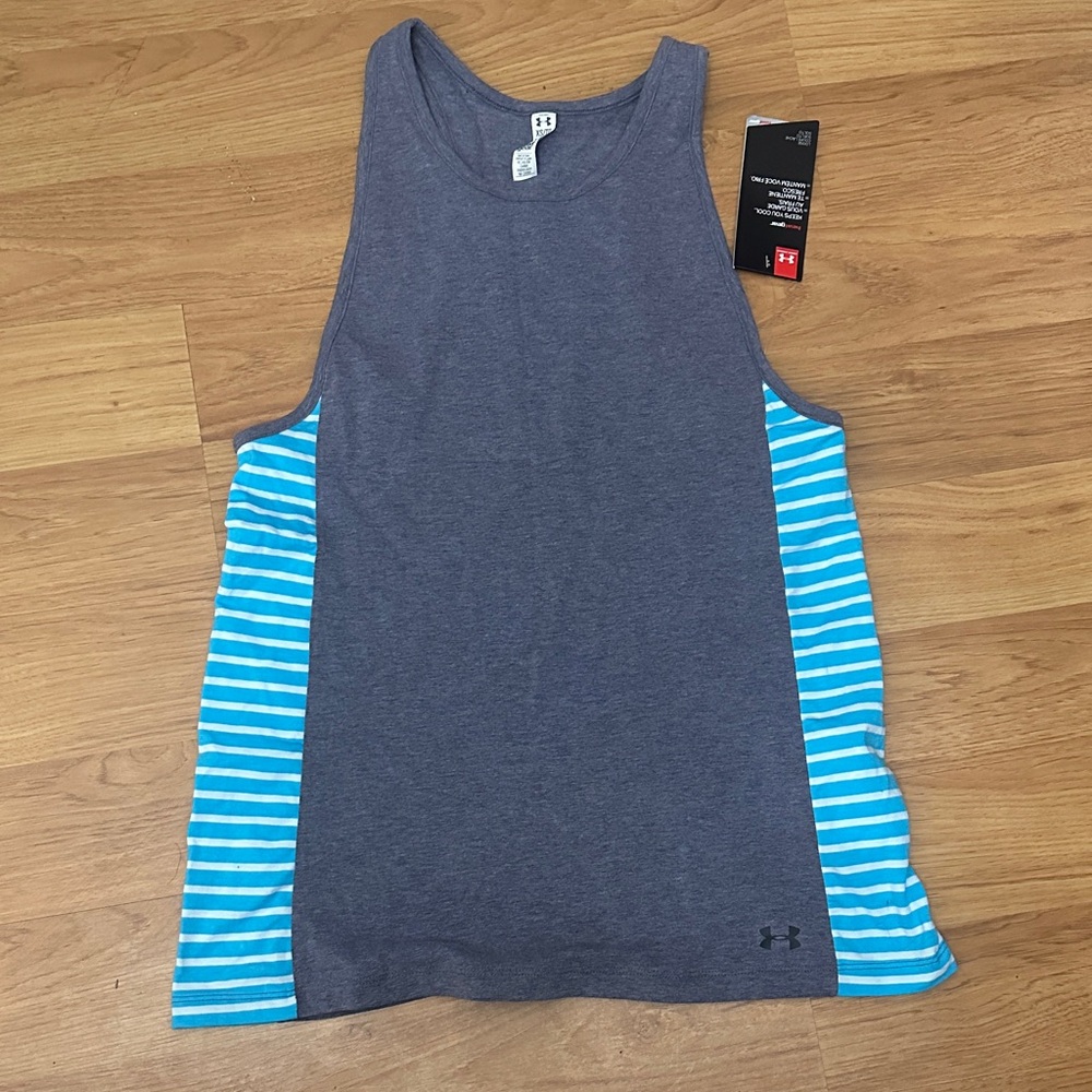 Under Armour women’s Charcoal and Aqua Striped Tank Top sleeveless Size XXS